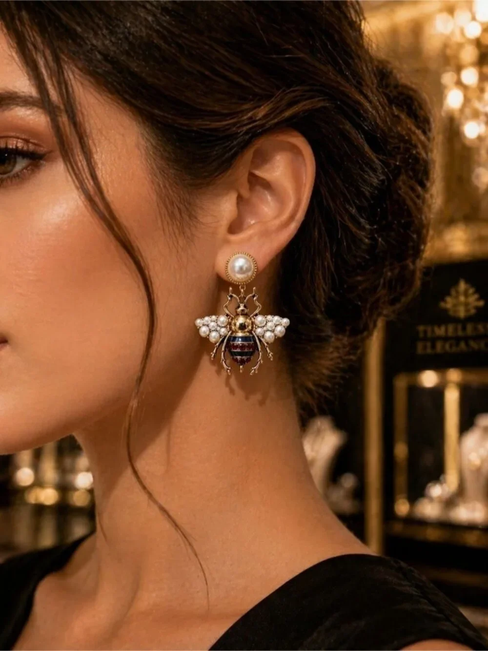 Pearl Bee Drop Earrings - Gold and Blue